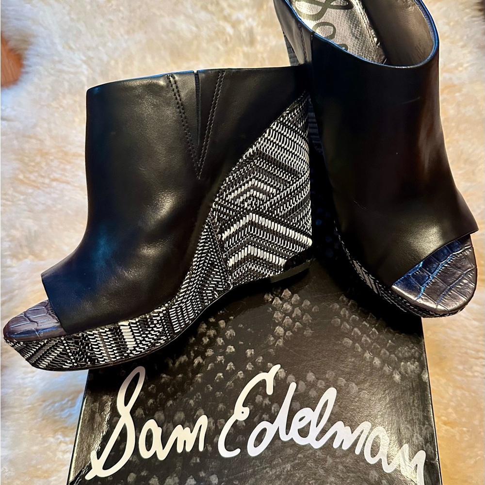 Sam Edelman Kylie Platform Wedge Mules, Peep-Toe, Black, 8M, Excellent Preowned